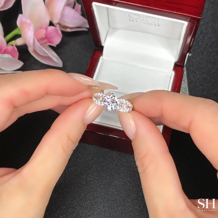 Bold 6-Claw Ring with Channel Set Baguette Diamond Band - W0409 (Lab Grown)