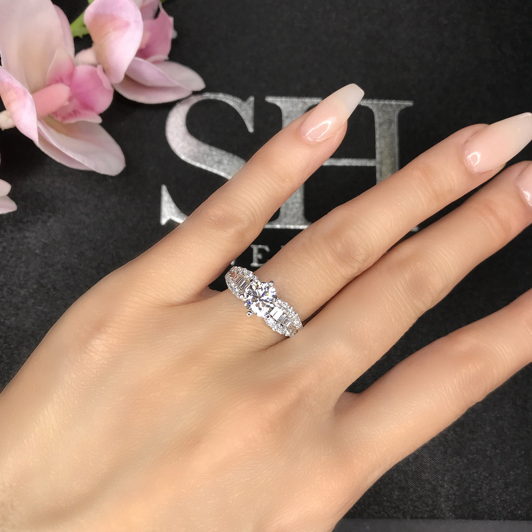Bold 6-Claw Ring with Channel Set Baguette Diamond Band - W0409 (Lab Grown)