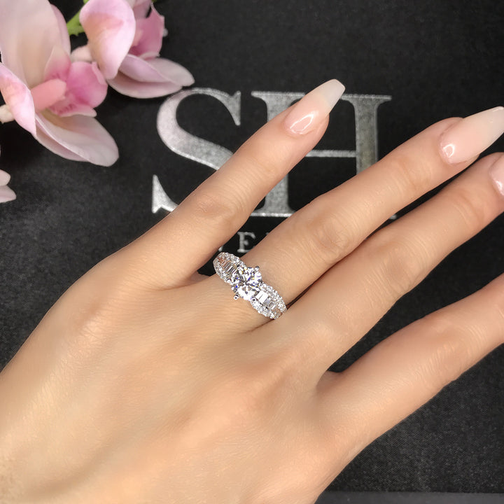 Bold 6-Claw Ring with Channel Set Baguette Diamond Band - W0409 (Lab Grown)