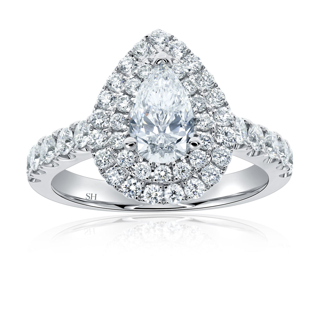 Bright Pear Shaped Double Halo Ring with Pavé Set Band - W0576 (Lab Grown)