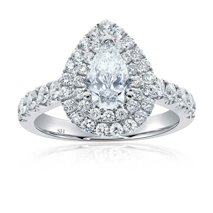 Bright Pear Shaped Double Halo Ring with Pavé Set Band - W0576 (Lab Grown)