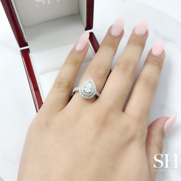 Bright Pear Shaped Double Halo Ring with Pavé Set Band - W0576 (Lab Grown)