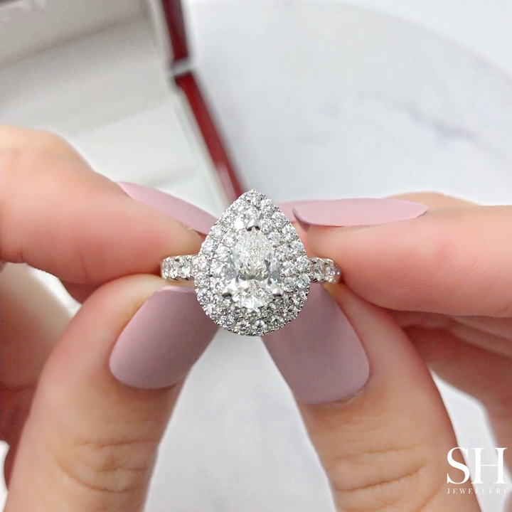 Bright Pear Shaped Double Halo Ring with Pavé Set Band - W0576 (Lab Grown)