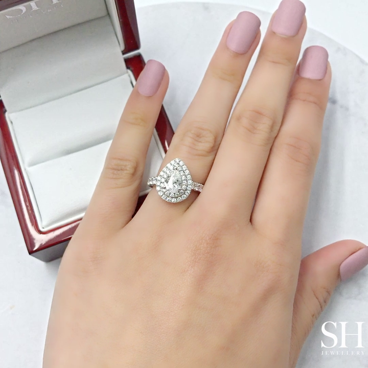 Bright Pear Shaped Double Halo Ring with Pavé Set Band - W0576 (Lab Grown)