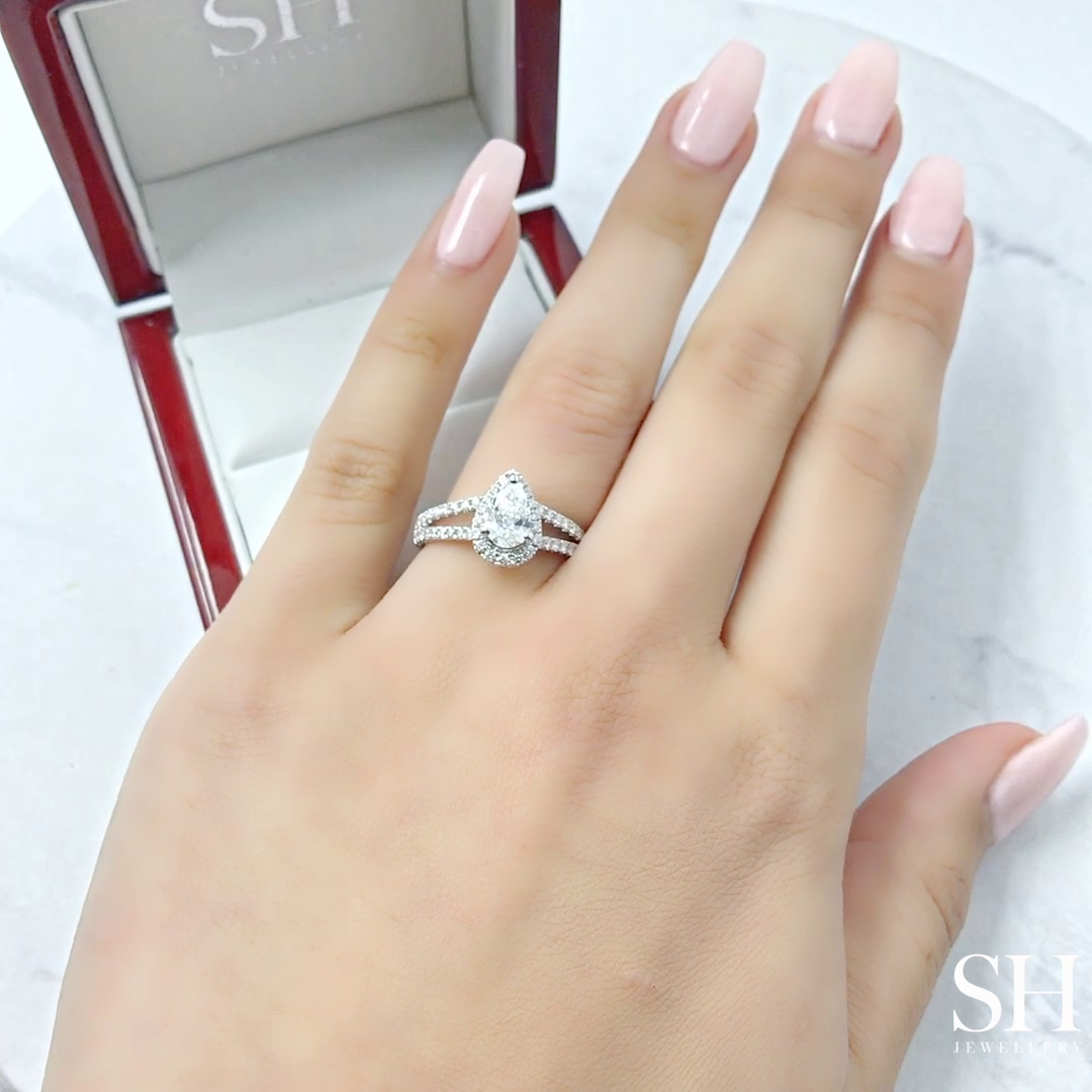 Pear Shaped Halo Ring with Split Pavé-Set Band - W0577 (Lab Grown)