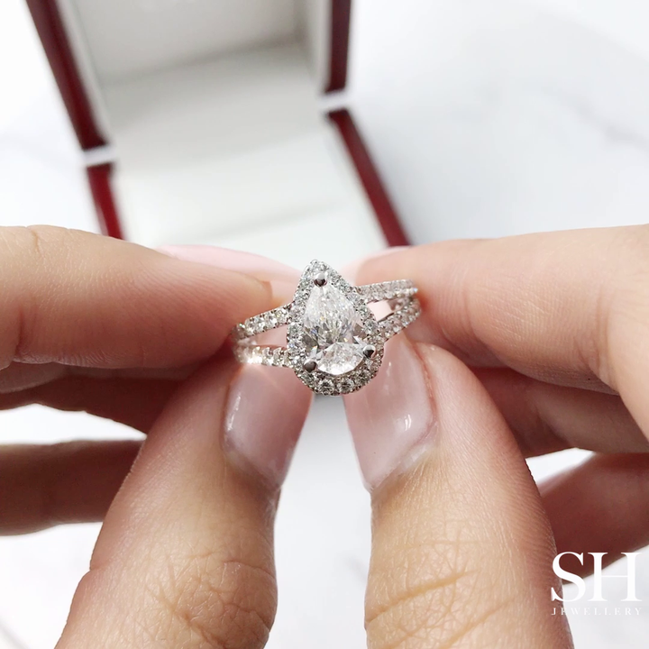 Pear Shaped Halo Ring with Split Pavé-Set Band - W0577 (Lab Grown)