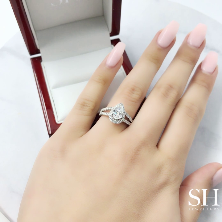 Pear Shaped Halo Ring with Split Pavé-Set Band - W0577 (Lab Grown)