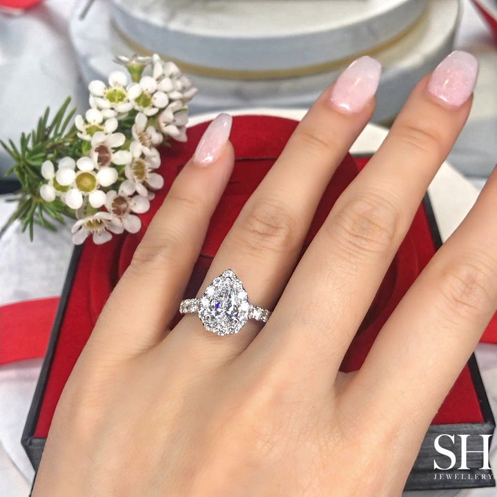 Bold Pear Shaped Halo & Pavé-Set Diamond Band - W0578 (Lab Grown)