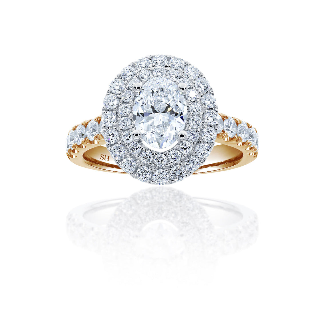 Double Halo Oval Engagement Ring with Single Pavé-Set Band - W0579 (Lab Grown)