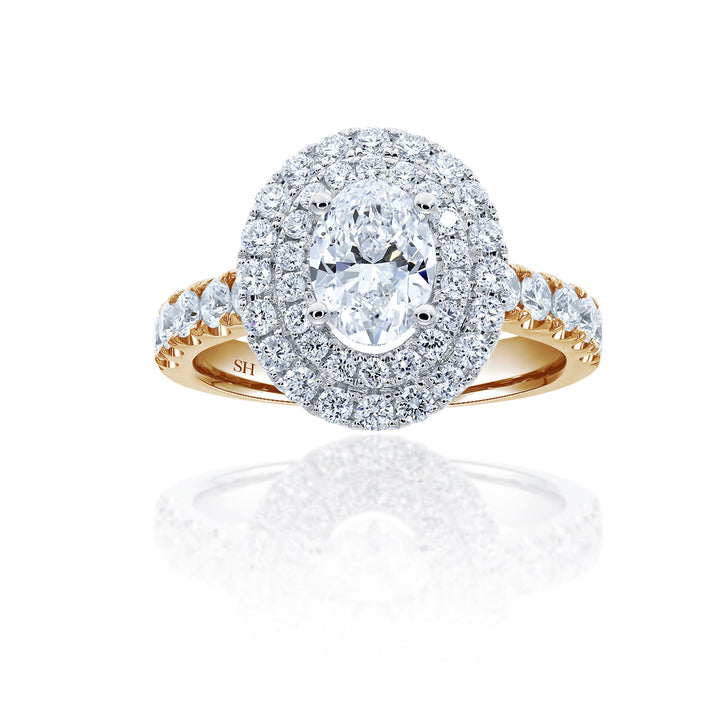 Double Halo Oval Engagement Ring with Single Pavé-Set Band - W0579 (Lab Grown)