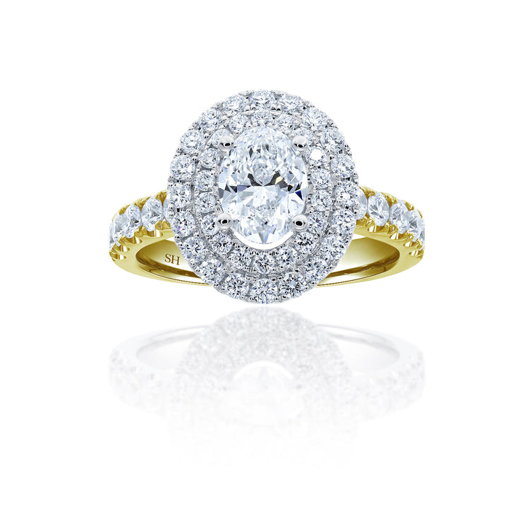 Double Halo Oval Engagement Ring with Single Pavé-Set Band - W0579 (Lab Grown)
