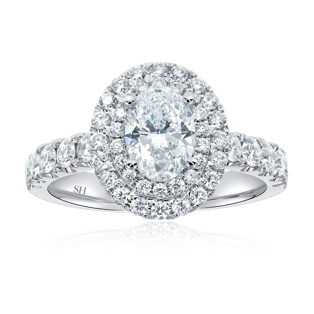 Double Halo Oval Engagement Ring with Single Pavé-Set Band - W0579 (Lab Grown)