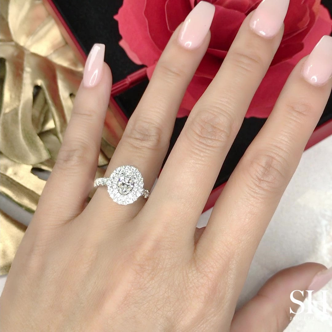Double Halo Oval Engagement Ring with Single Pavé-Set Band - W0579 (Lab Grown)