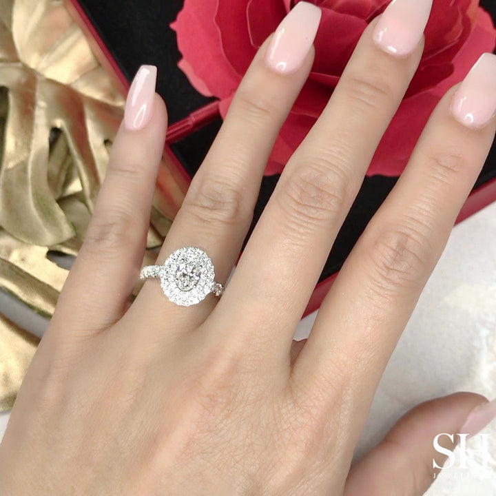 Double Halo Oval Engagement Ring with Single Pavé-Set Band - W0579 (Lab Grown)