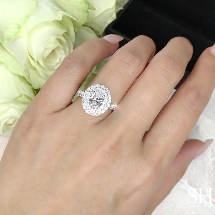 Double Halo Oval Engagement Ring with Single Pavé-Set Band - W0579 (Lab Grown)