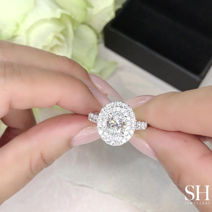Double Halo Oval Engagement Ring with Single Pavé-Set Band - W0579 (Lab Grown)