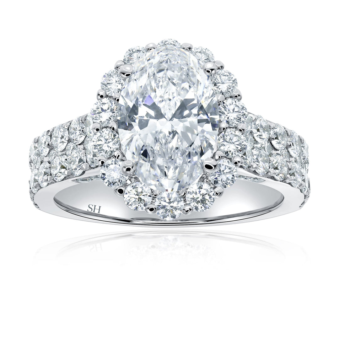 Floral Halo Oval Engagement Ring With Twin Pavé-Set Diamond Bands - W0580 (Lab Grown)