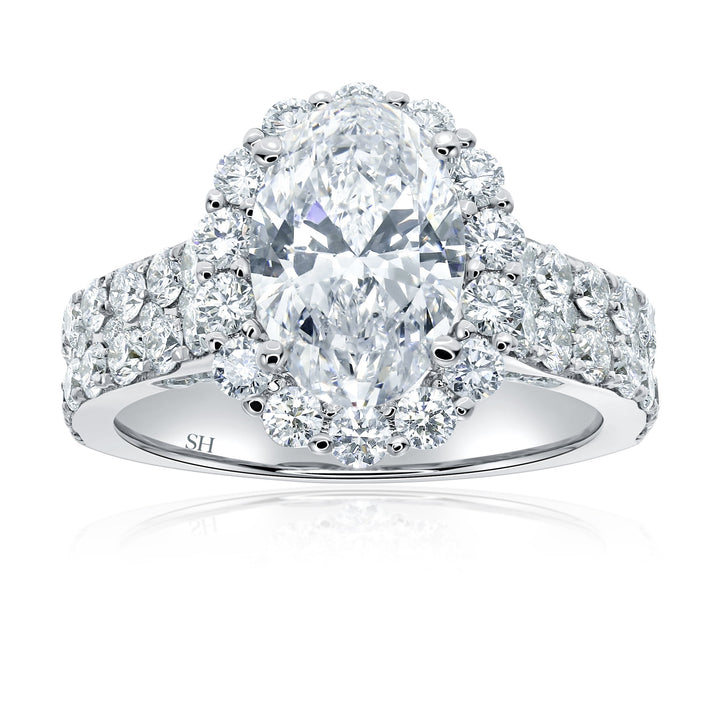 Floral Halo Oval Engagement Ring With Twin Pavé-Set Diamond Bands - W0580 (Lab Grown)
