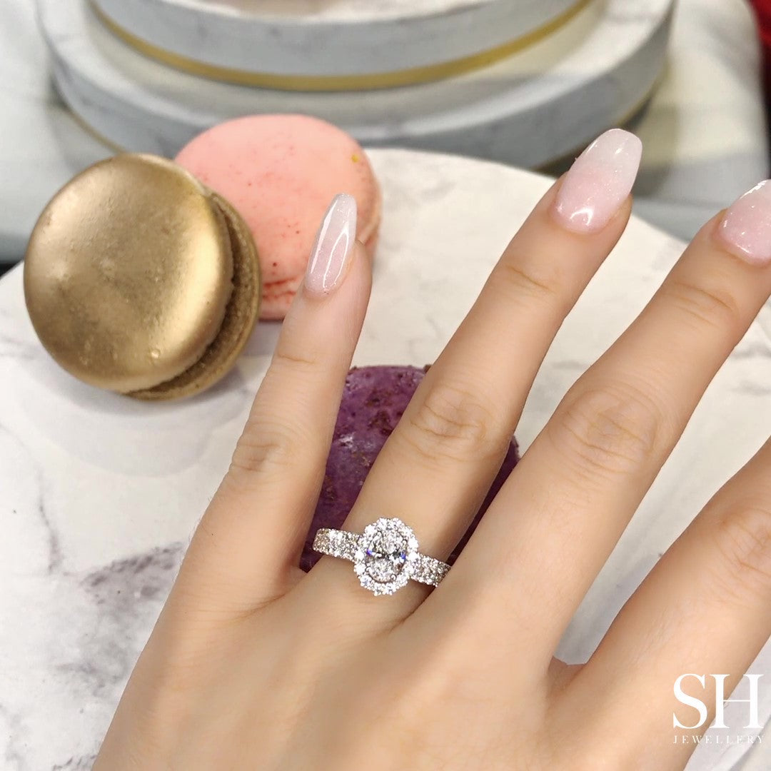 Floral Halo Oval Engagement Ring With Twin Pavé-Set Diamond Bands - W0580 (Lab Grown)