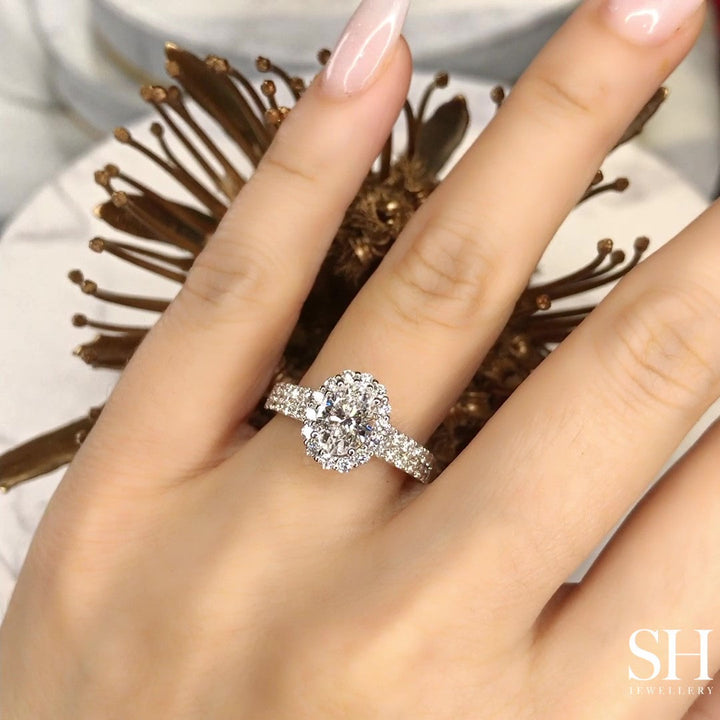 Floral Halo Oval Engagement Ring With Twin Pavé-Set Diamond Bands - W0580 (Lab Grown)
