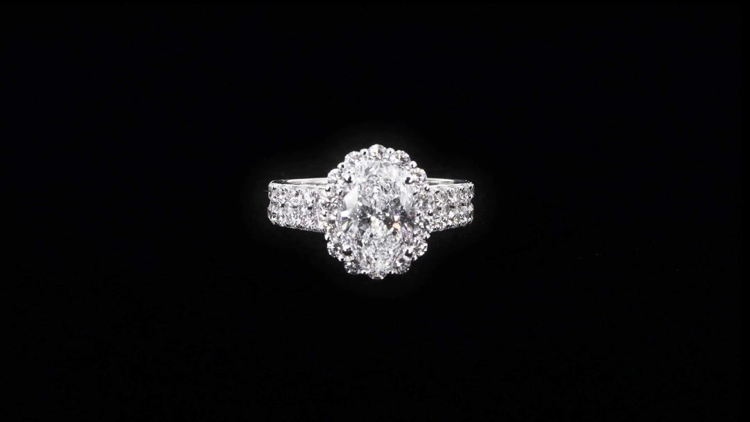 Floral Halo Oval Engagement Ring With Twin Pavé-Set Diamond Bands - W0580 (Lab Grown)