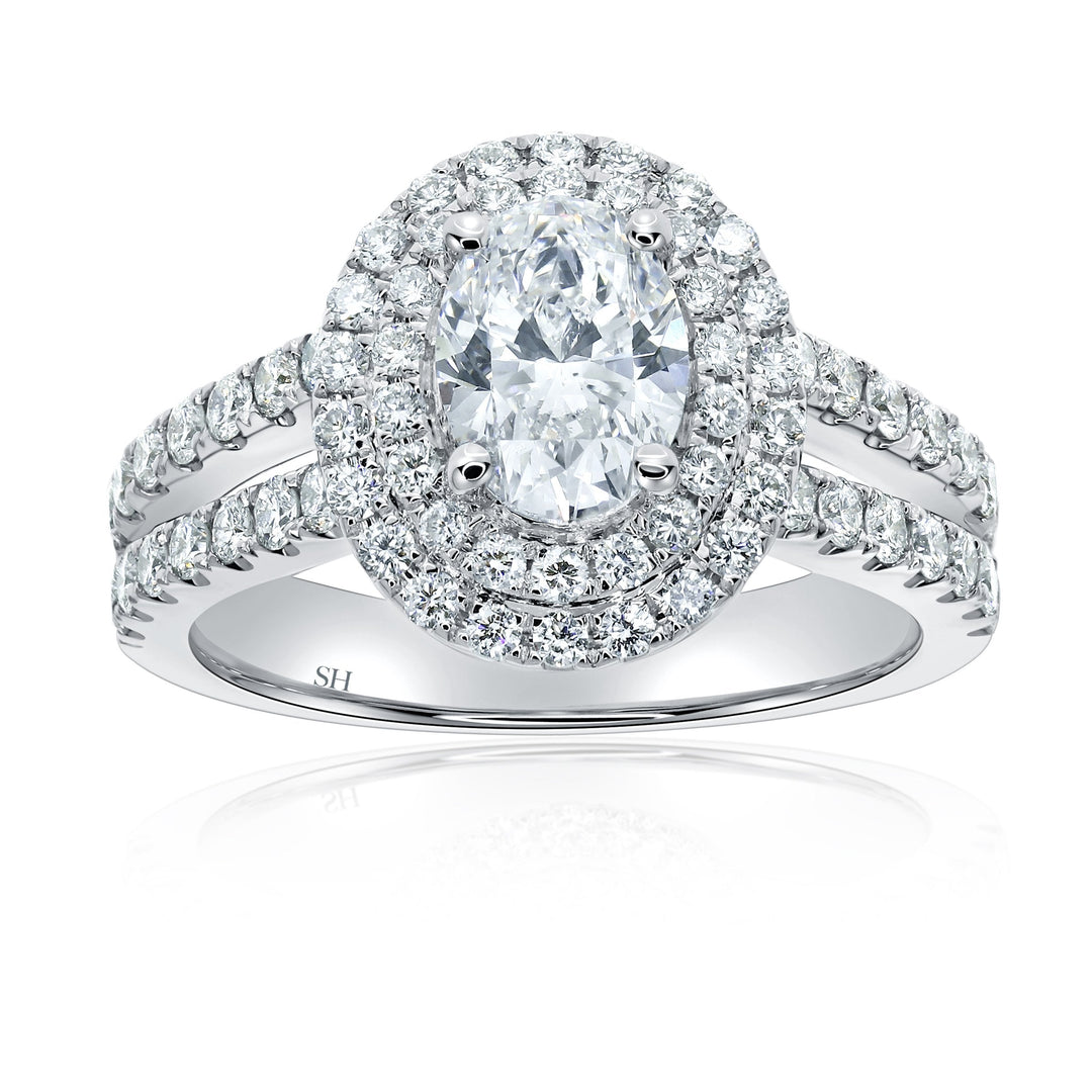Double Halo Oval Engagement Ring with Split Pavé-Set Band - W0581 (Lab Grown)