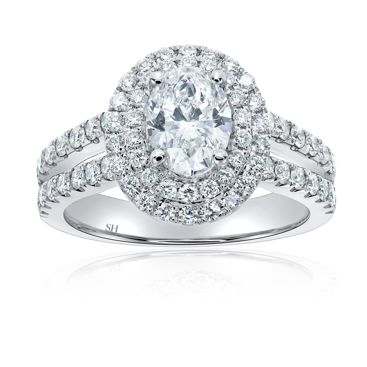 Double Halo Oval Engagement Ring with Split Pavé-Set Band - W0581 (Lab Grown)