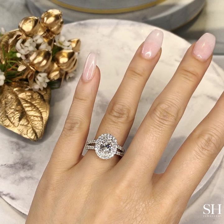 Double Halo Oval Engagement Ring with Split Pavé-Set Band - W0581 (Lab Grown)