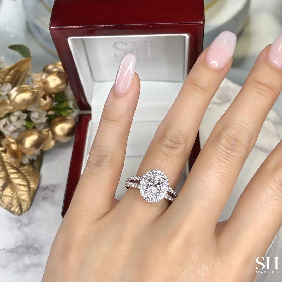Double Halo Oval Engagement Ring with Split Pavé-Set Band - W0581 (Lab Grown)