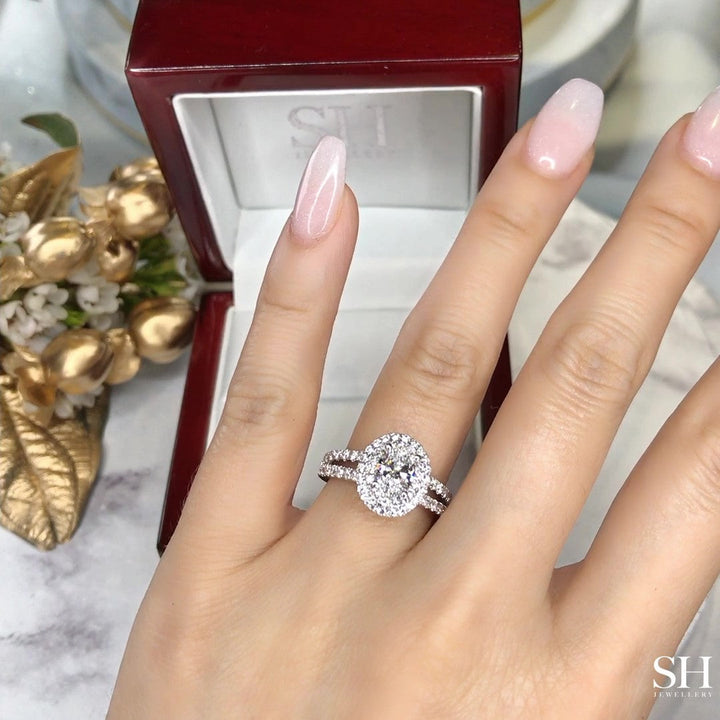 Double Halo Oval Engagement Ring with Split Pavé-Set Band - W0581 (Lab Grown)
