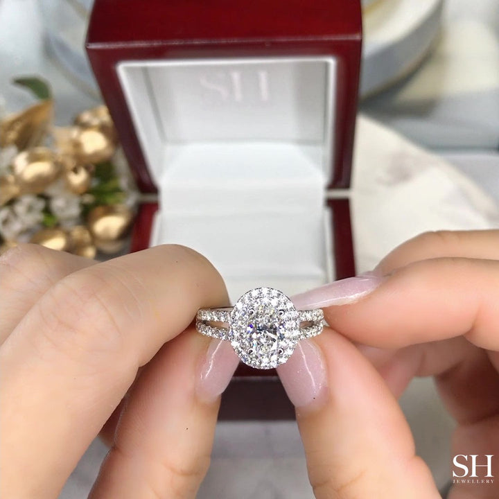 Double Halo Oval Engagement Ring with Split Pavé-Set Band - W0581 (Lab Grown)