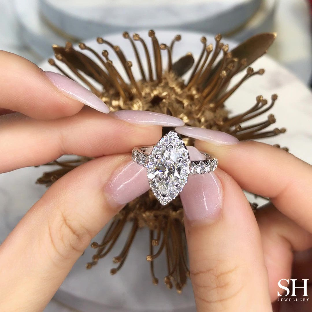 Bold Halo Marquise Engagement Ring with Pavé-Set Band - W0582 (Lab Grown)