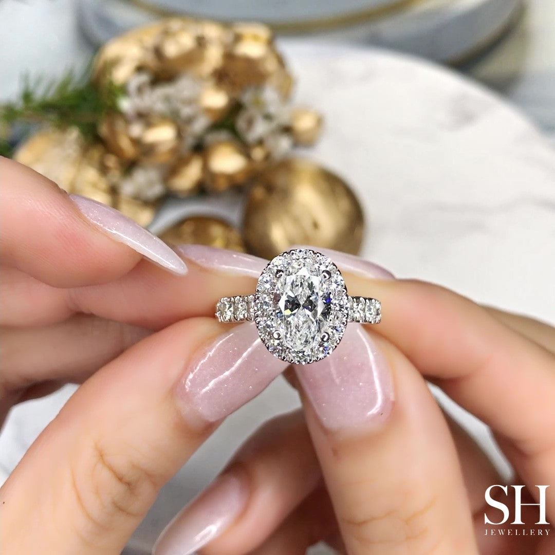 Bold Halo Oval Engagement Ring with Pavé-Set Band - W0584 (Lab Grown)