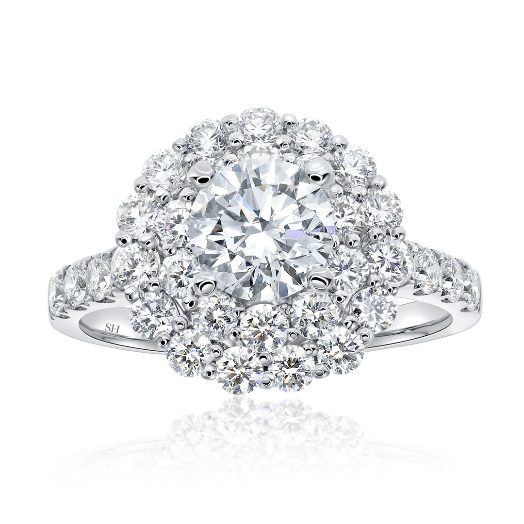 Floral Double Halo Diamond Engagement Ring with Pavé-Set Band - W0587 (Lab Grown)