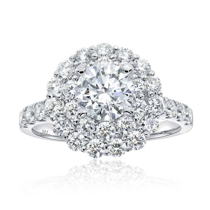 Floral Double Halo Diamond Engagement Ring with Pavé-Set Band - W0587 (Lab Grown)
