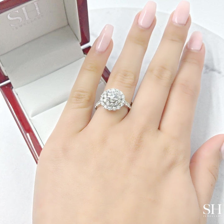 Floral Double Halo Diamond Engagement Ring with Pavé-Set Band - W0587 (Lab Grown)