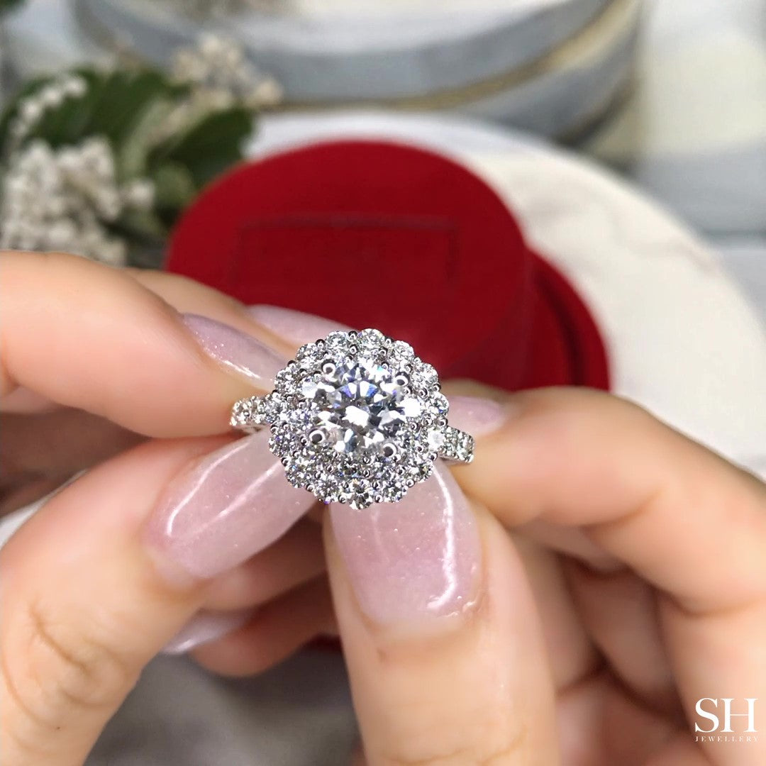 Floral Double Halo Diamond Engagement Ring with Pavé-Set Band - W0587 (Lab Grown)