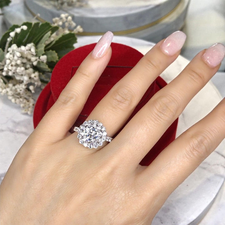Floral Double Halo Diamond Engagement Ring with Pavé-Set Band - W0587 (Lab Grown)