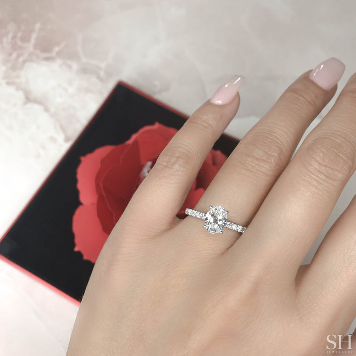 Timeless 4-Claw Oval Engagement Ring with Slim Pavé-Set Band (1.9mm) - W0797 (Lab Grown)