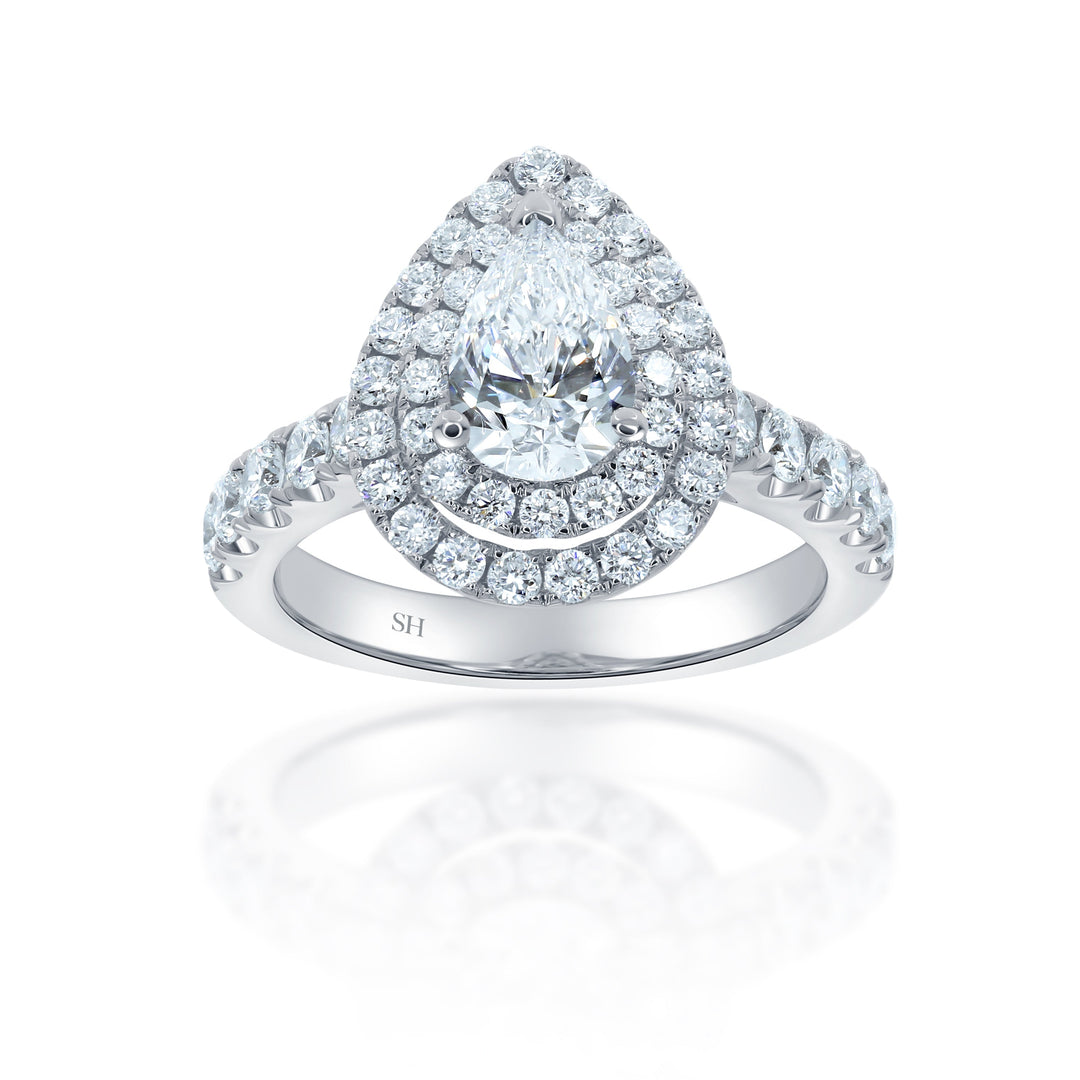 Double Halo Pear-Shaped Engagement Ring with 2.8mm Pavé-Set Band - W0800 (Lab Grown)