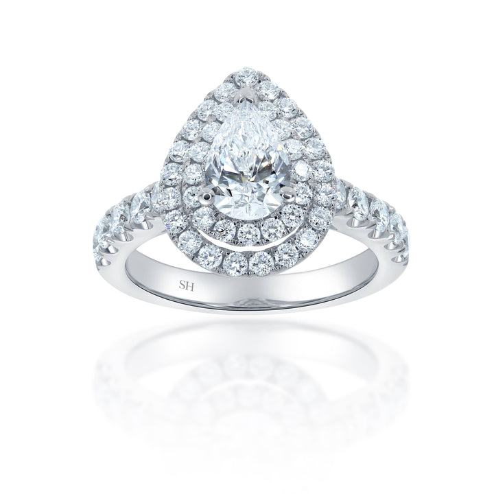 Double Halo Pear-Shaped Engagement Ring with 2.8mm Pavé-Set Band - W0800 (Lab Grown)