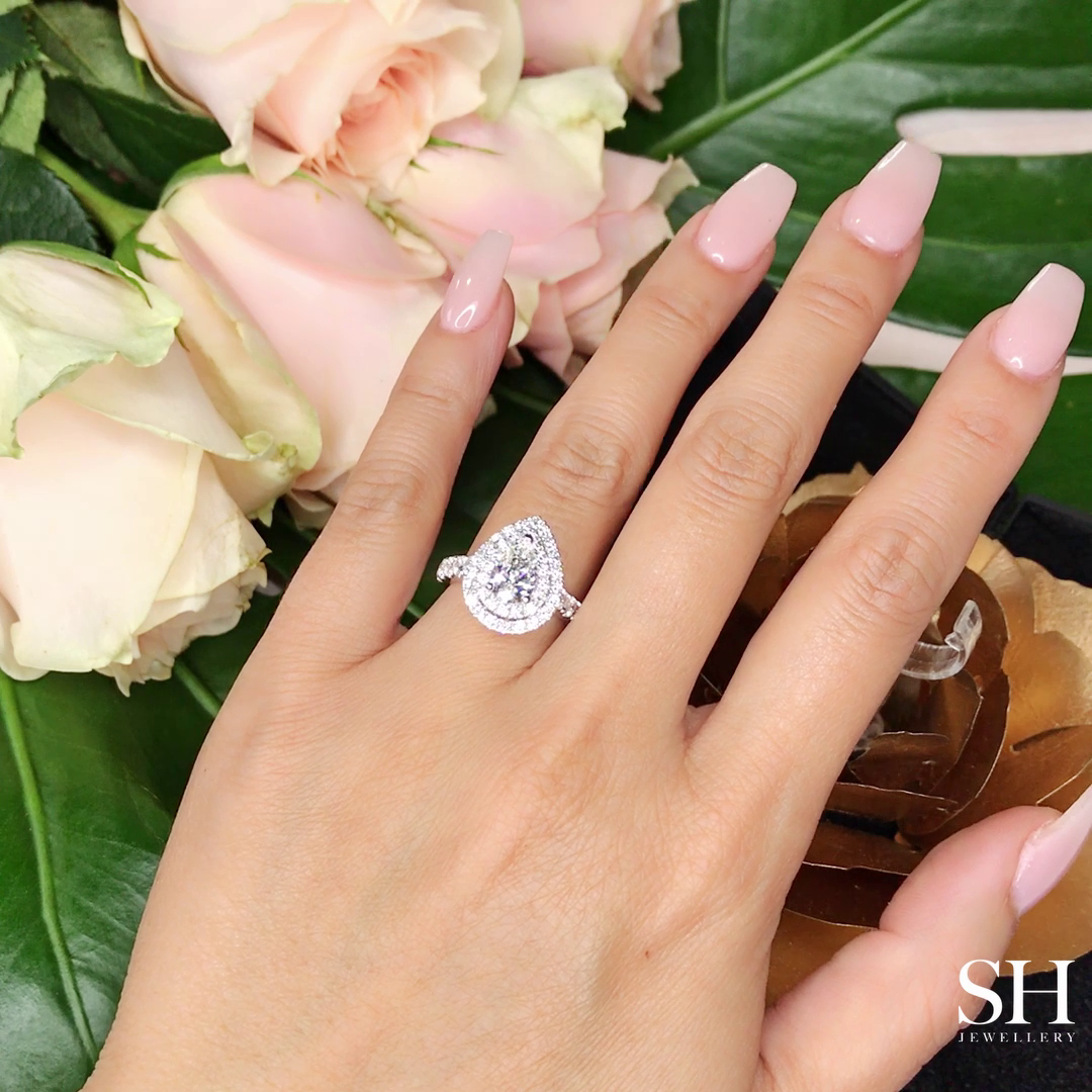 Double Halo Pear-Shaped Engagement Ring with 2.8mm Pavé-Set Band - W0800 (Lab Grown)