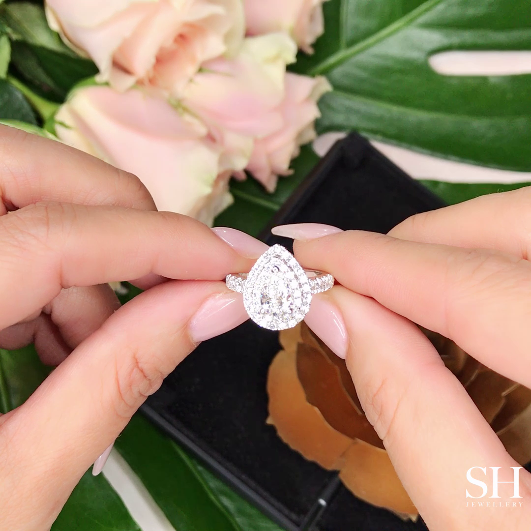 Double Halo Pear-Shaped Engagement Ring with 2.8mm Pavé-Set Band - W0800 (Lab Grown)