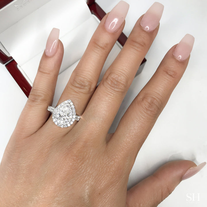 Double Halo Pear-Shaped Engagement Ring with 2.8mm Pavé-Set Band - W0800 (Lab Grown)