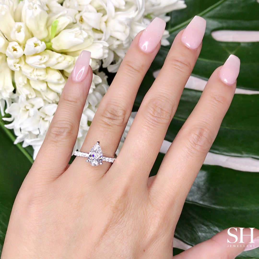 3-Claw Pear-Shaped Timeless Engagement Ring with 2.1mm Pavé-Set Band - W0801 (Lab Grown)