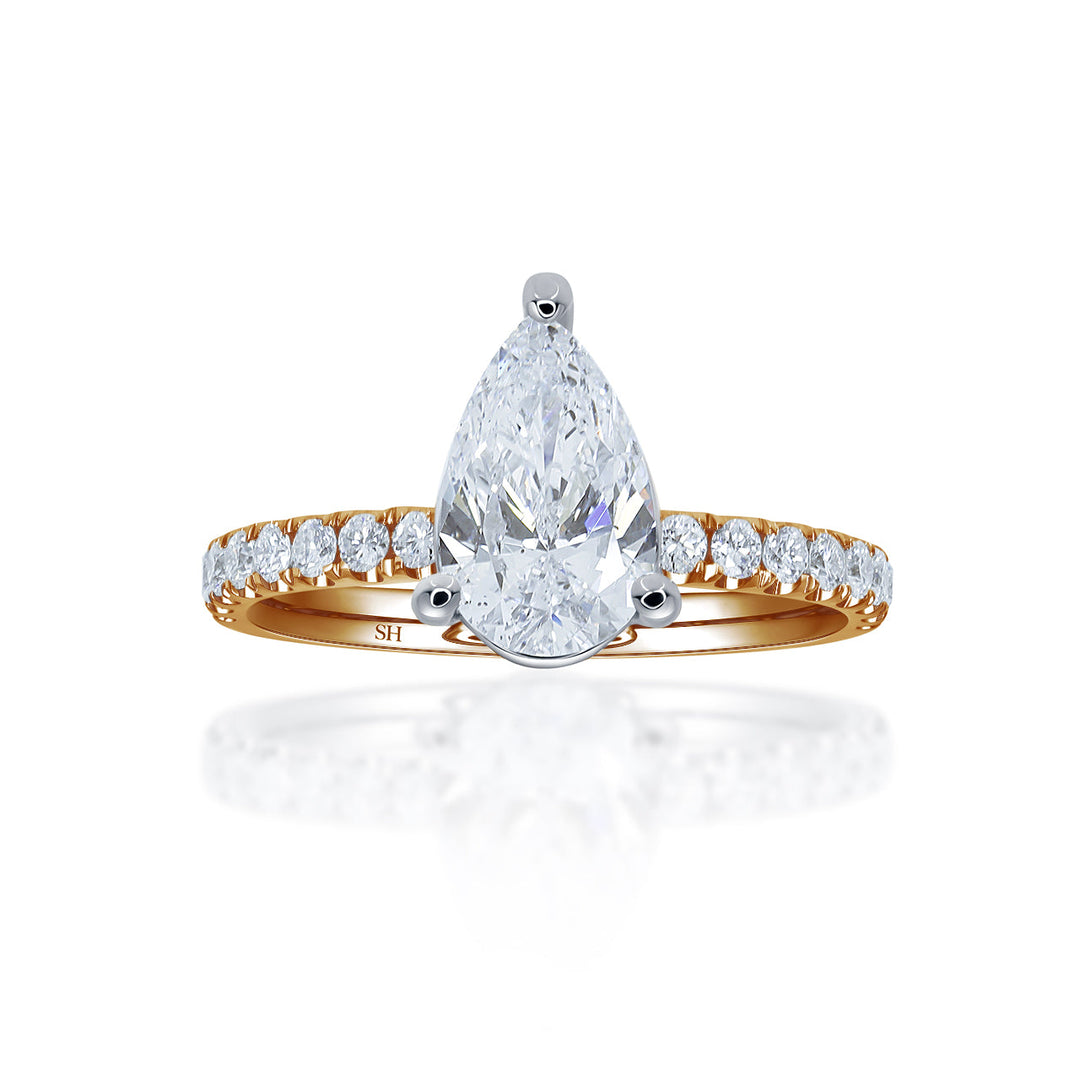3-Claw Pear-Shaped Timeless Engagement Ring with 2.1mm Pavé-Set Band - W0801 (Lab Grown)