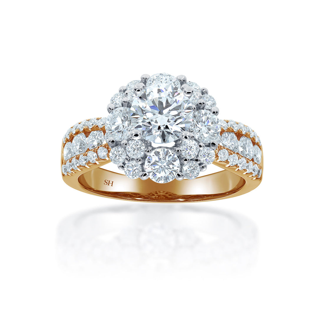 Modern Halo Cluster Engagement Ring with 4.5mm 3-Row Band - W0802 (Lab Grown)