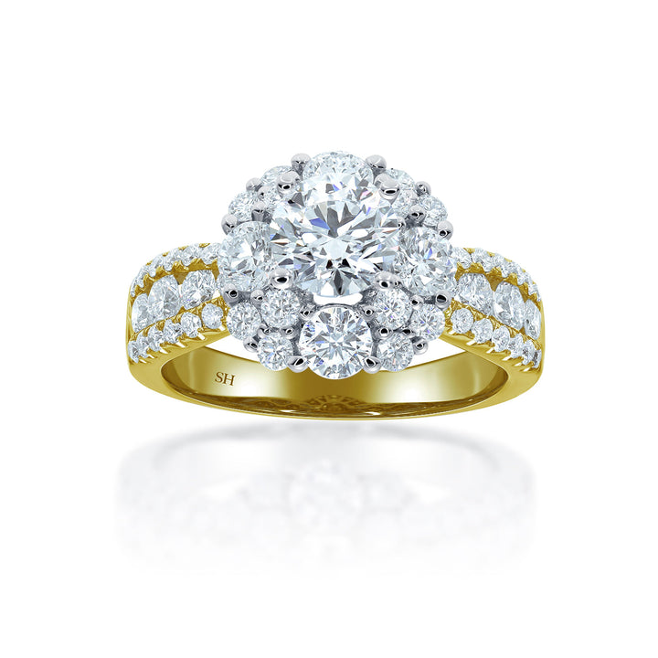 Modern Halo Cluster Engagement Ring with 4.5mm 3-Row Band - W0802 (Lab Grown)