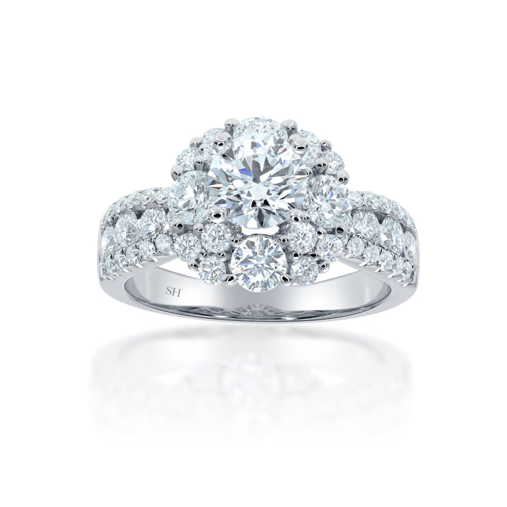 Modern Halo Cluster Engagement Ring with 4.5mm 3-Row Band - W0802 (Lab Grown)