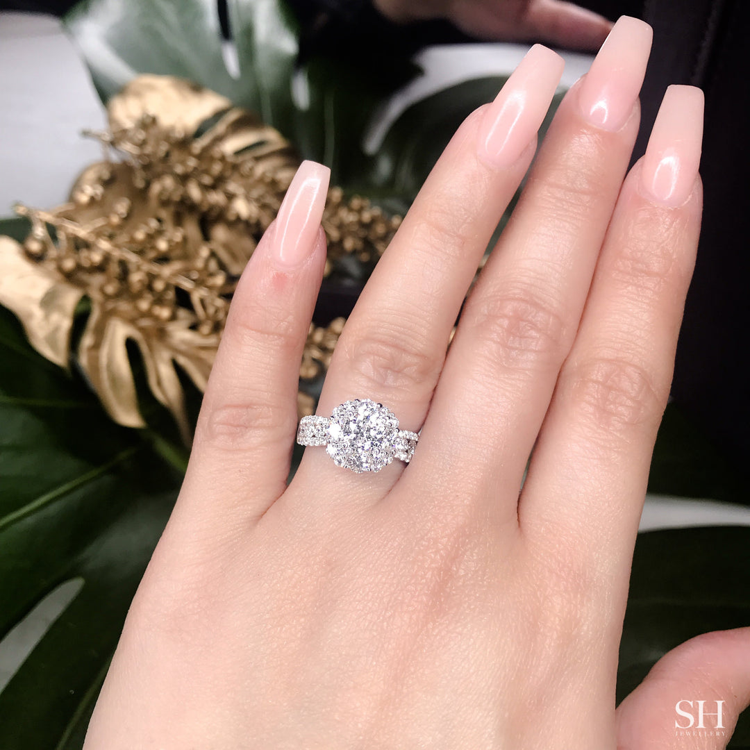Modern Halo Cluster Engagement Ring with 4.5mm 3-Row Band - W0802 (Lab Grown)